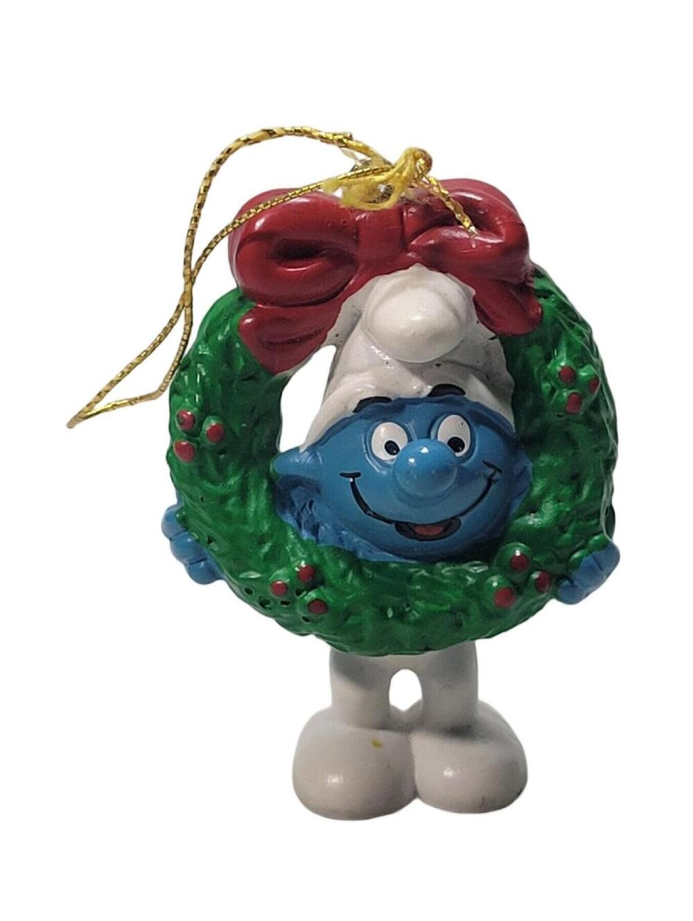 Vintage 1981 Schleich Smurf Ornament Christmas Wreath Peyo Portugal 2.5”